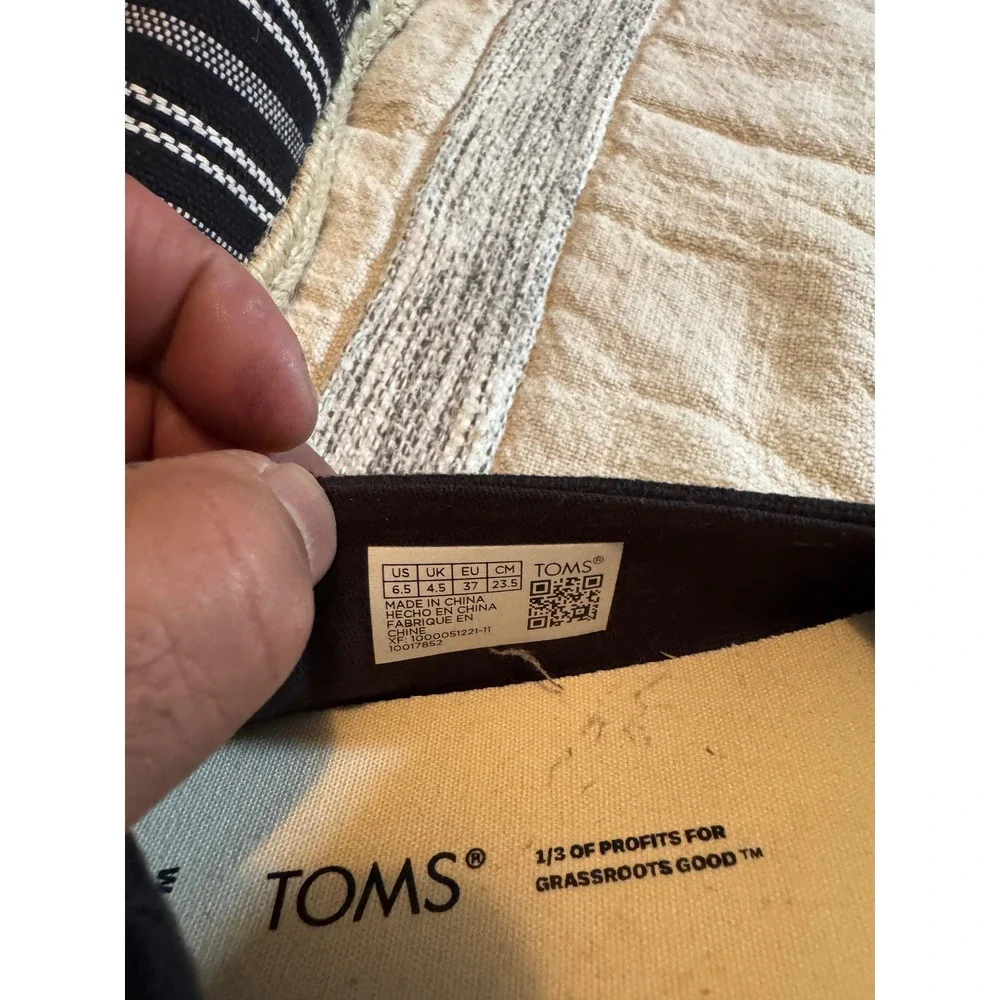 TOMS Alpargata Black White Striped Rope Espadrille Slip On Flats Womens 6.5